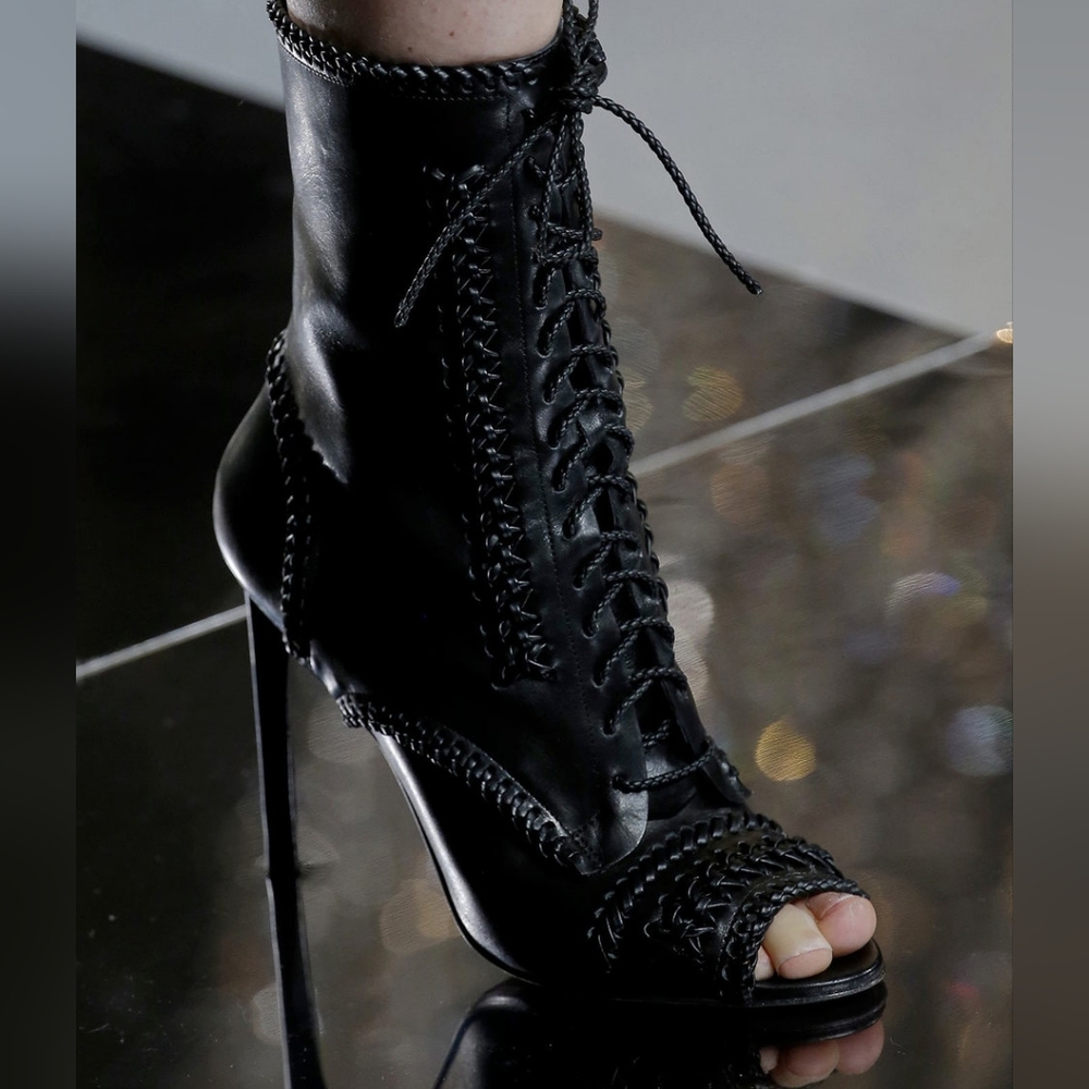 Jason Wu Woven Lace-Up  Black Leather Ankle Boot High Heel Size 8.5